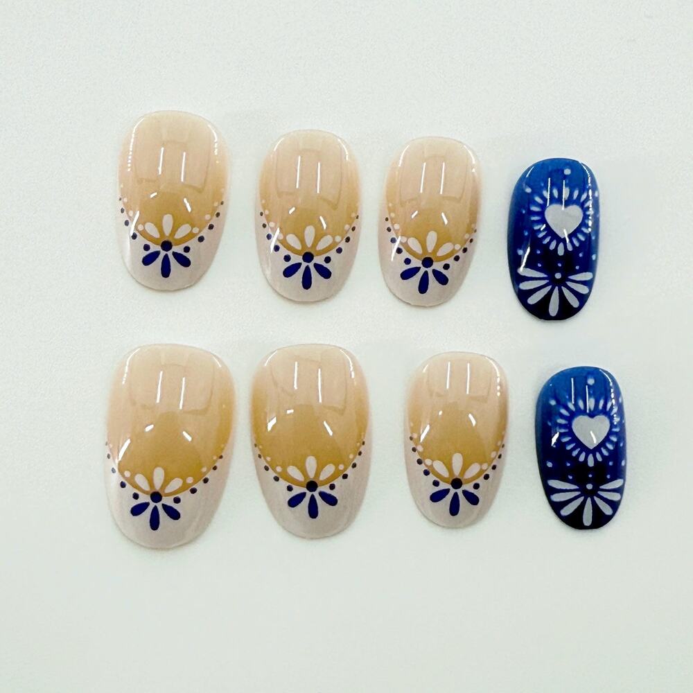 24 Pc Blue Porcelain Inspired Press On Nails, Elegant Handmade Nail Art